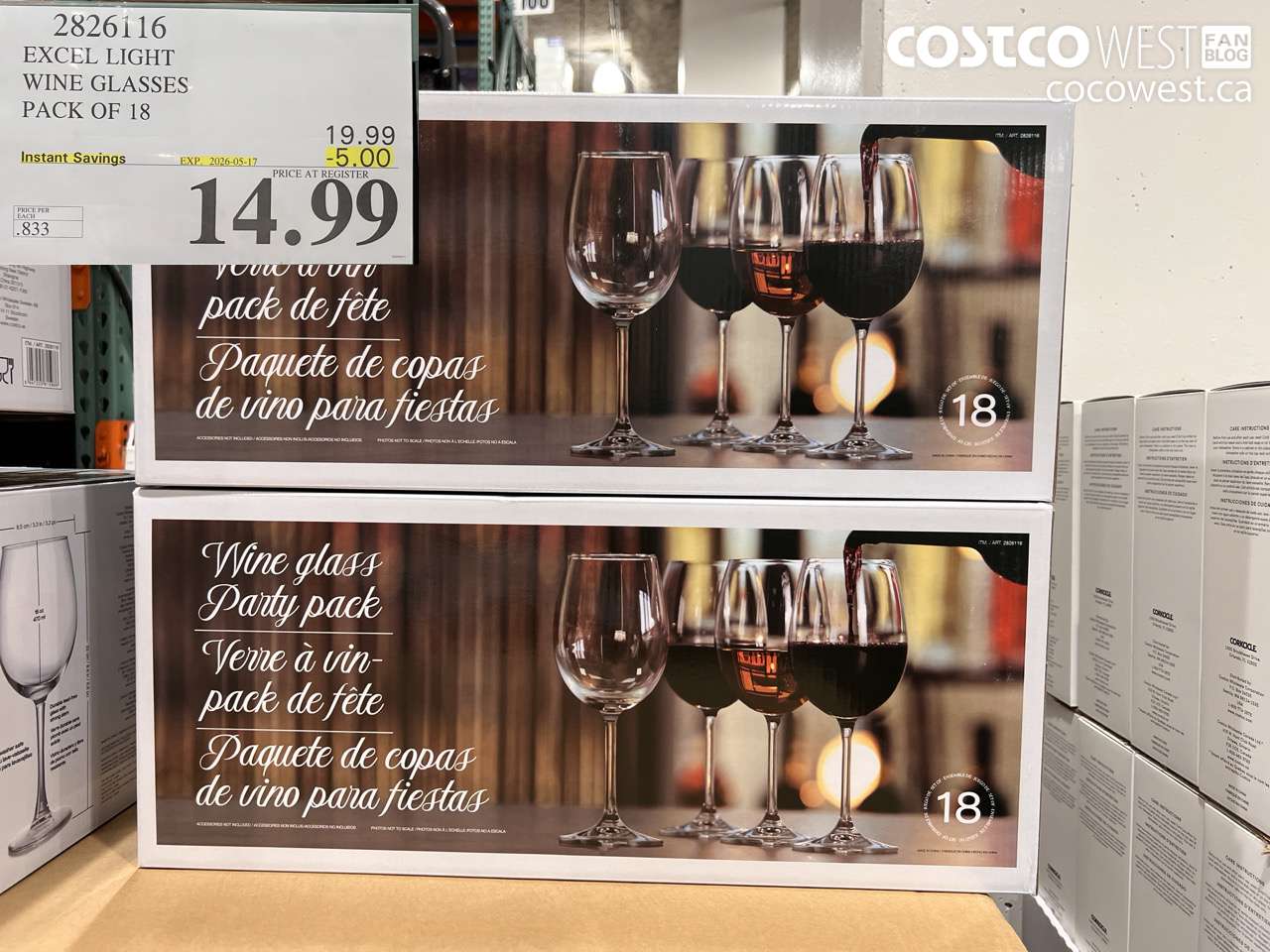 2826116 EXCEL LIGHT WINE GLASSES PACK OF 18 ($5.00 INSTANT SAVINGS EXPIRES ON 2026-05-17) $14.99