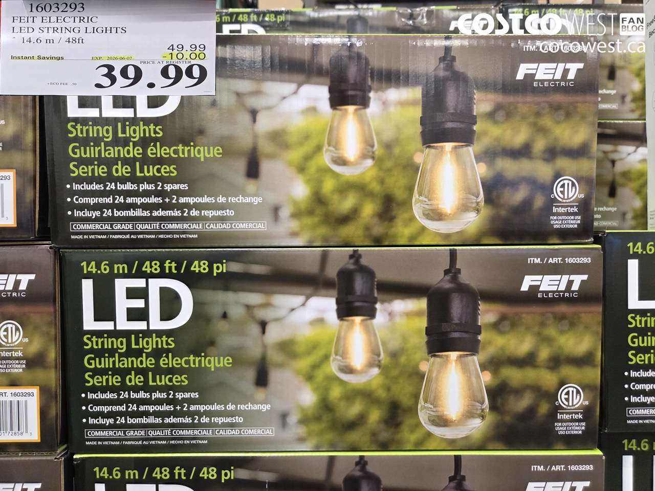 1603293 FEIT ELECTRIC LED STRING LIGHTS 14.6 M / 48FT ($10.00 INSTANT SAVINGS EXPIRES ON 2026-06-07) $39.99