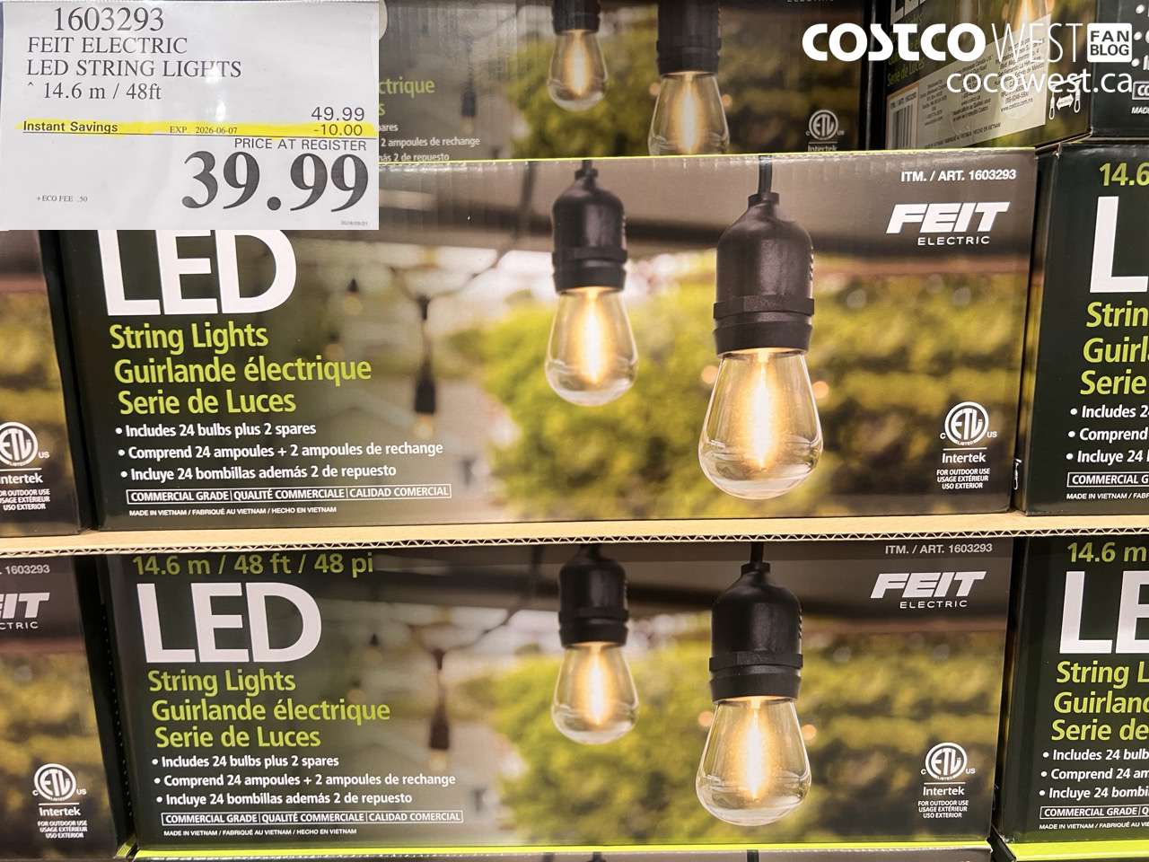 1603293 FEIT ELECTRIC LED STRING LIGHTS 14.6 M / 48FT ($10.00 INSTANT SAVINGS EXPIRES ON 2026-06-07) $39.99