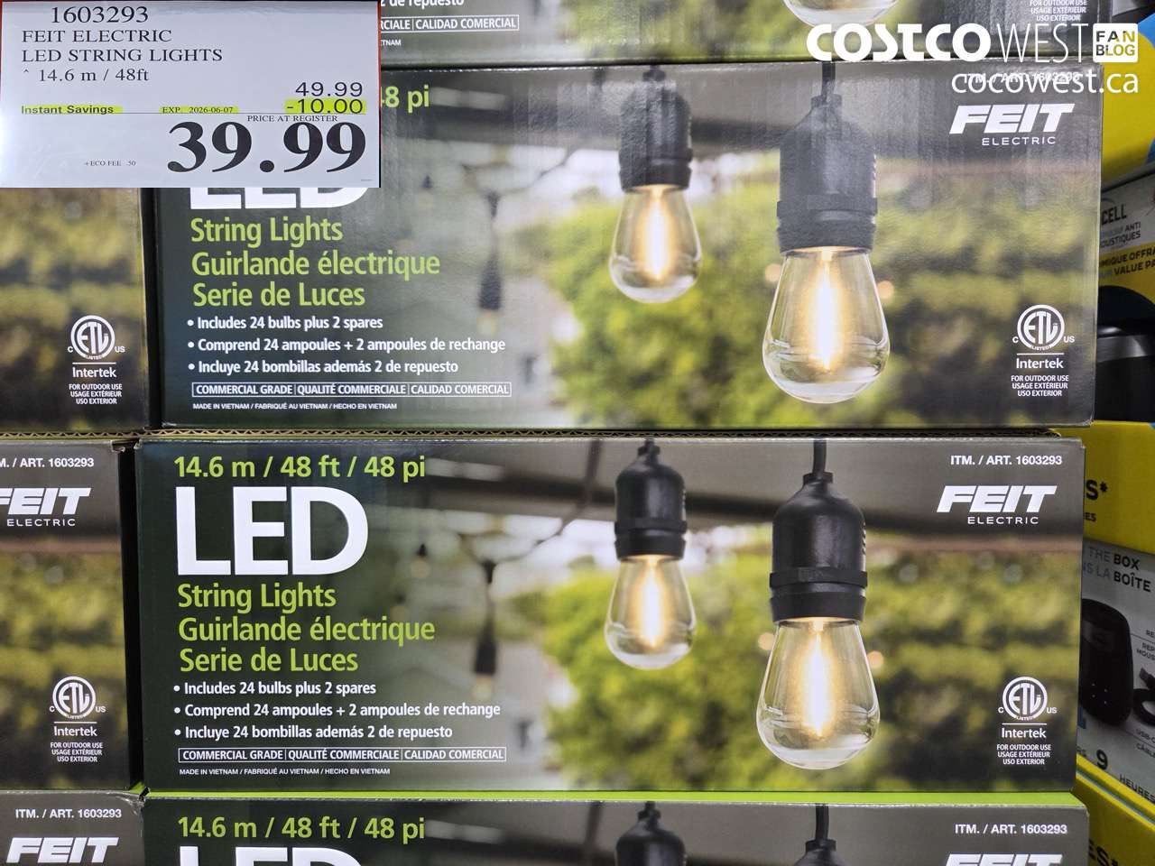 1603293 FEIT ELECTRIC LED STRING LIGHTS 14.6 M / 48FT ($10.00 INSTANT SAVINGS EXPIRES ON 2026-06-07) $39.99