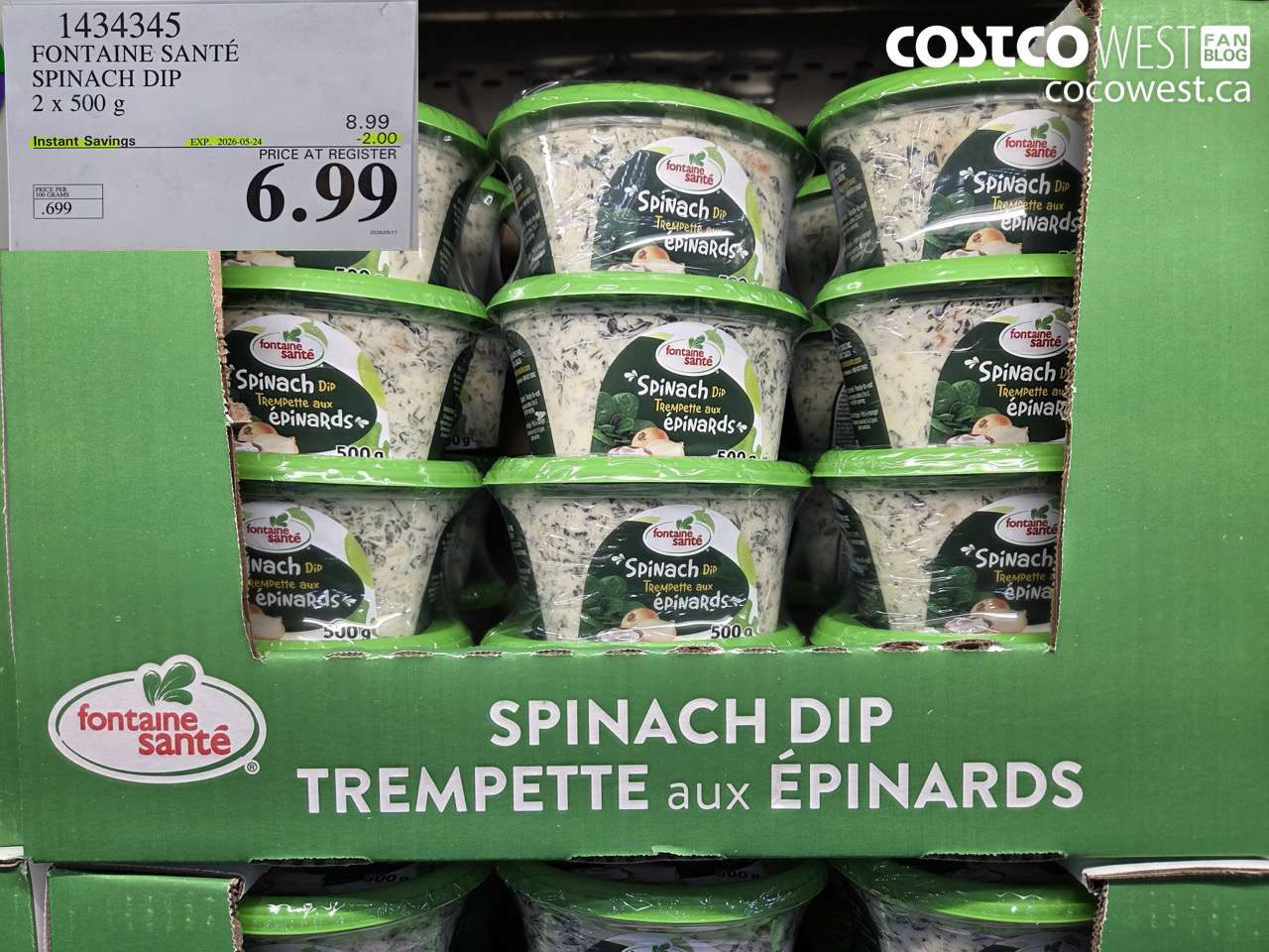 1434345 FONTAINE SANTÉ SPINACH DIP 2 X 500 G ($2.00 INSTANT SAVINGS EXPIRES ON 2026-05-24) $6.99