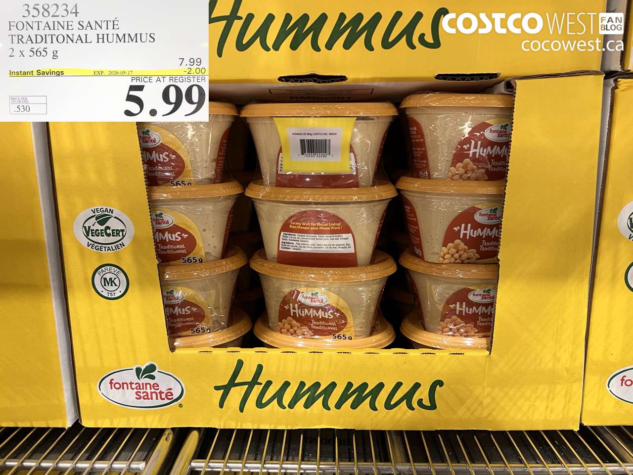 358234 FONTAINE SANTÉ TRADITIONAL HUMMUS 2 X 565 G ($2.00 INSTANT SAVINGS EXPIRES ON 2026-05-17) $5.99