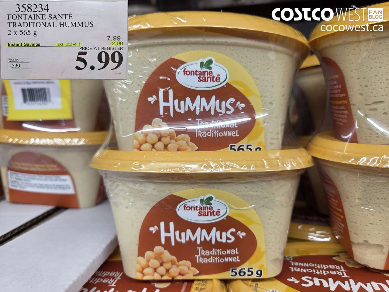 358234 FONTAINE SANTÉ TRADITONAL HUMMUS 2 X 565 G ($2.00 INSTANT SAVINGS EXPIRES ON 2026-05-17) $5.99