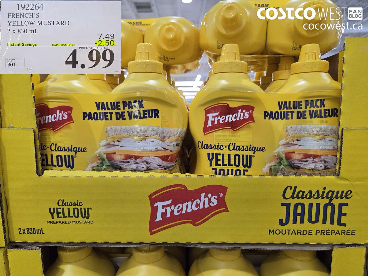 192264 FRENCH'S YELLOW MUSTARD 2 X 830 ML ($2.50 INSTANT SAVINGS EXPIRES ON 2026-05-24) $4.99