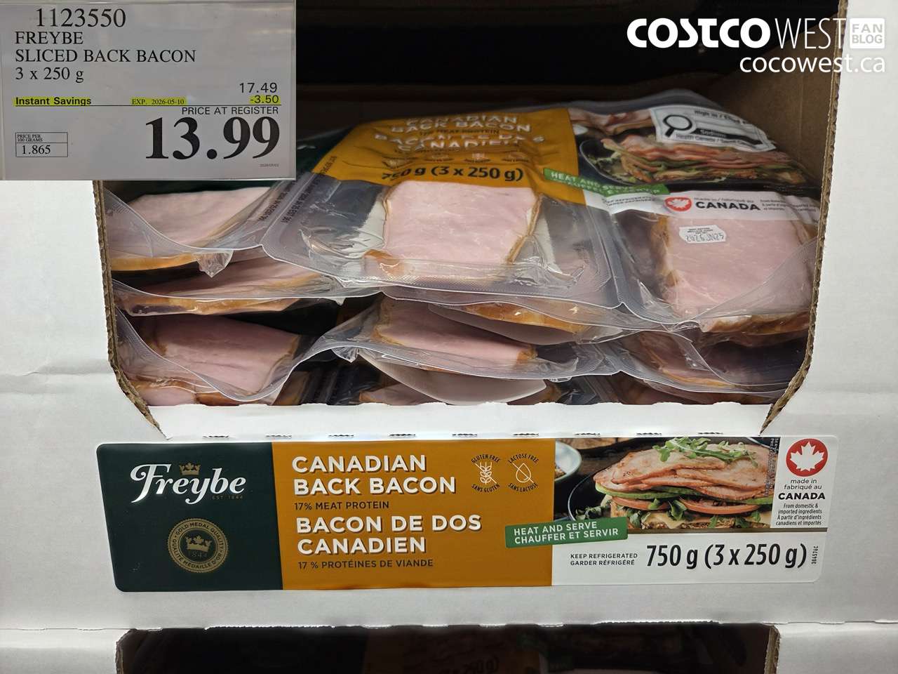 1123550 FREYBE SLICED BACK BACON 3 X 250 G ($3.50 INSTANT SAVINGS EXPIRES ON 2026-05-10) $13.99