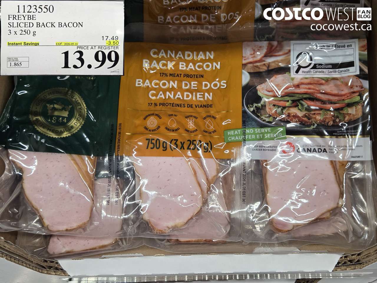 1123550 FREYBE SLICED BACK BACON 3 X 250 G ($3.50 INSTANT SAVINGS EXPIRES ON 2026-05-10) $13.99