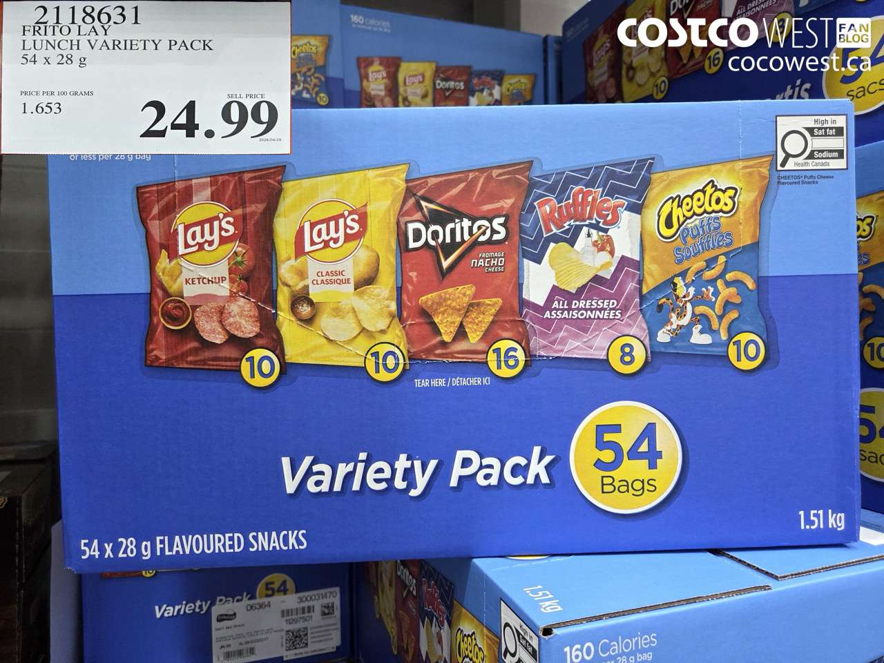 2118631 FRITO LAY LUNCH VARIETY PACK 54 X 28 G $24.99