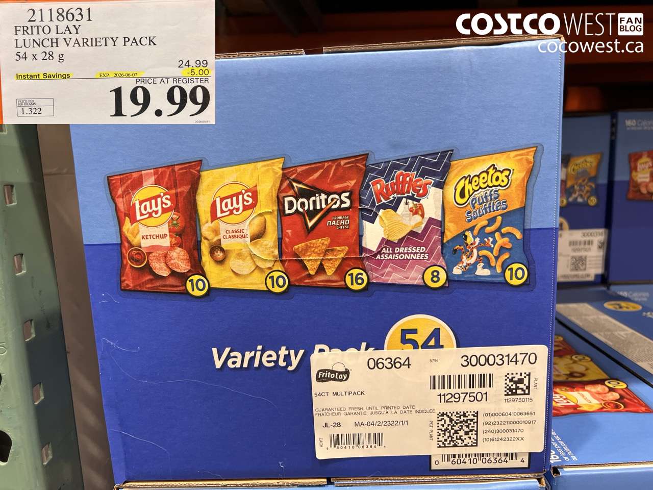2118631 FRITO LAY LUNCH VARIETY PACK 54 X 28 G ($5.00 INSTANT SAVINGS EXPIRES ON 2026-06-07) $19.99