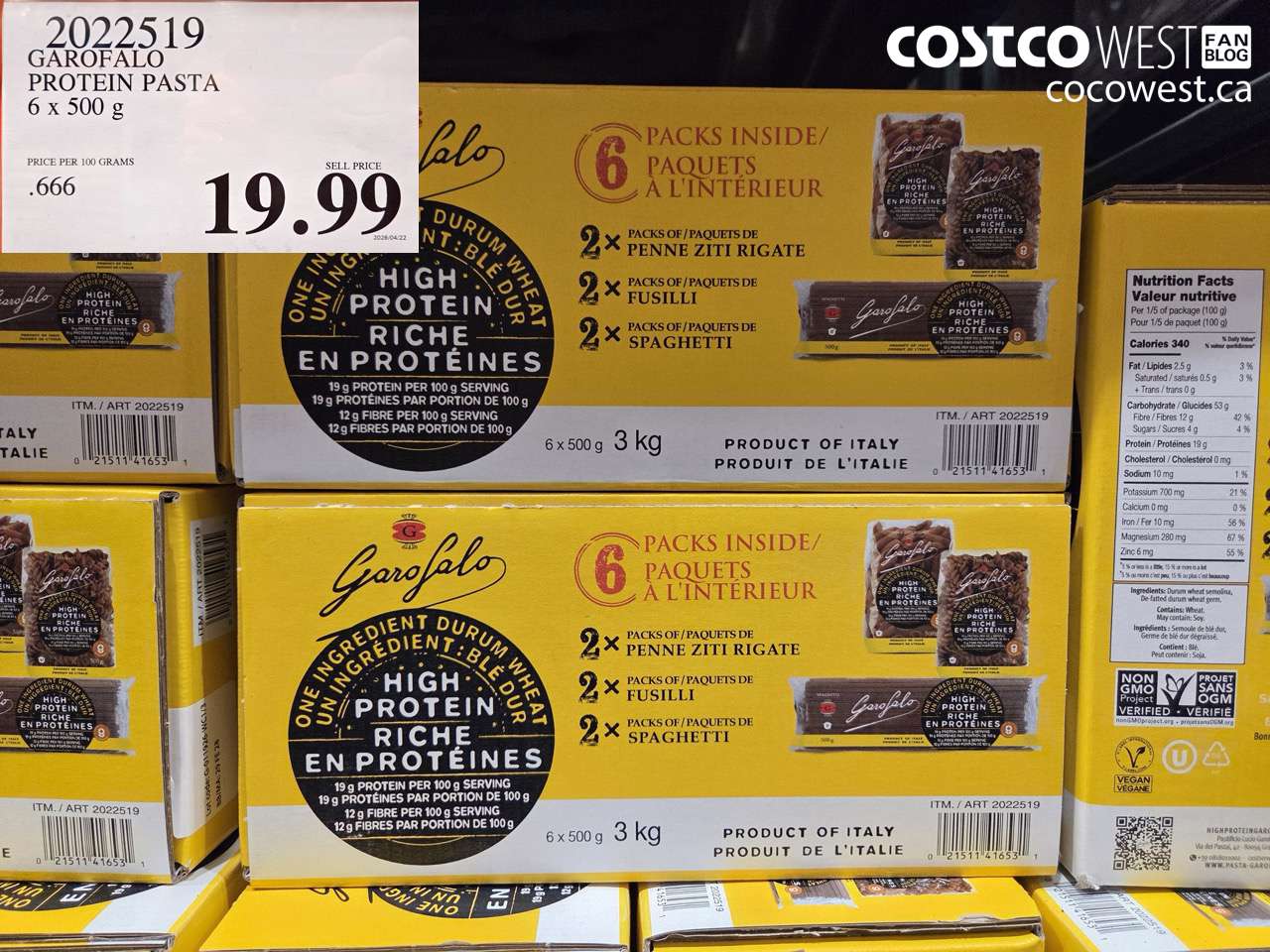 2022519 GAROFALO PROTEIN PASTA 6 X 500 G $19.99