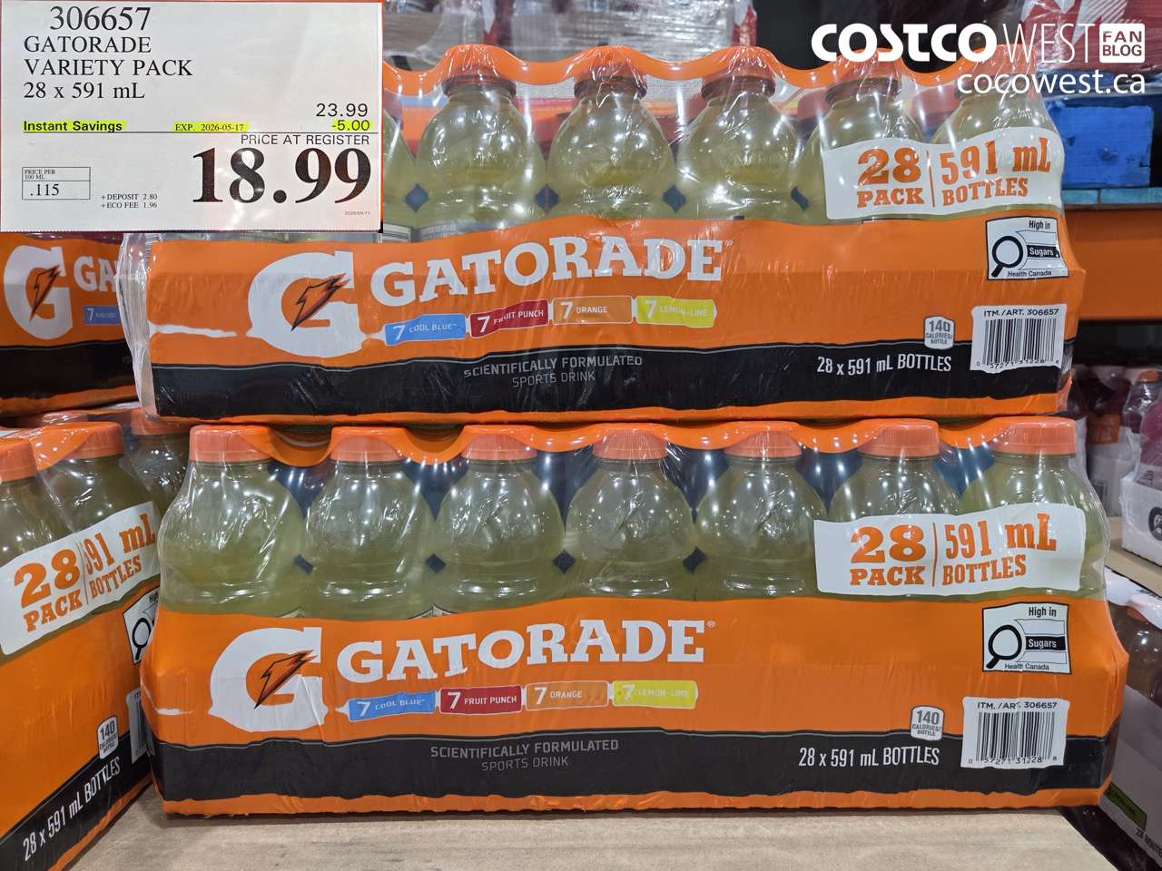 306657 GATORADE VARIETY PACK 28 X 591 ML ($5.00 INSTANT SAVINGS EXPIRES ON 2026-05-17) $18.99