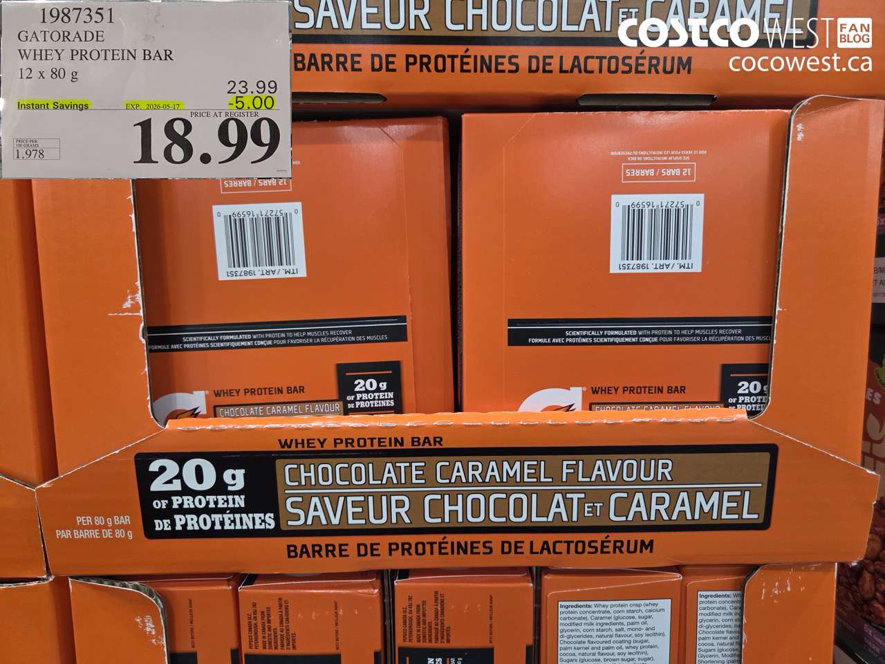 1987351 GATORADE WHEY PROTEIN BAR 12 X 80 G ($5.00 INSTANT SAVINGS EXPIRES ON 2026-05-17) $18.99
