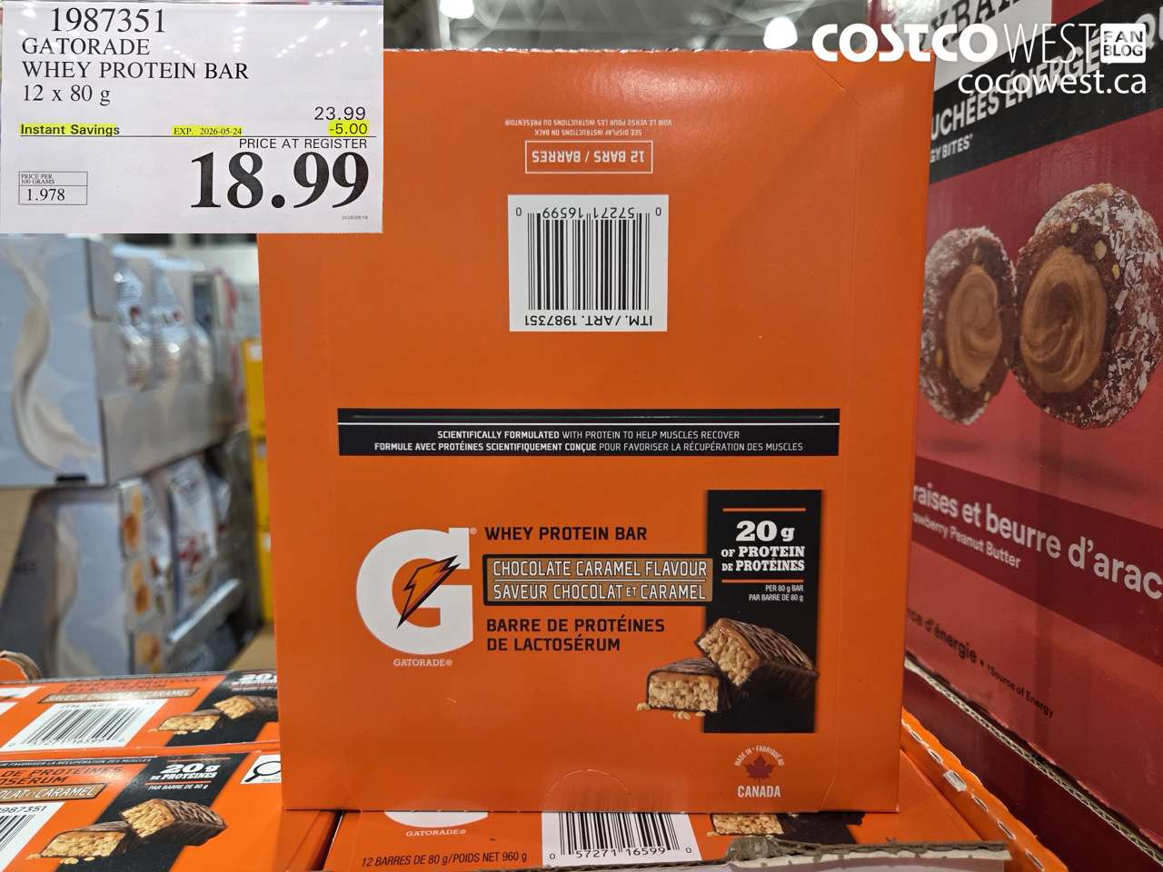 1987351 GATORADE WHEY PROTEIN BAR 12 X 80 G ($5.00 INSTANT SAVINGS EXPIRES ON 2026-05-24) $18.99