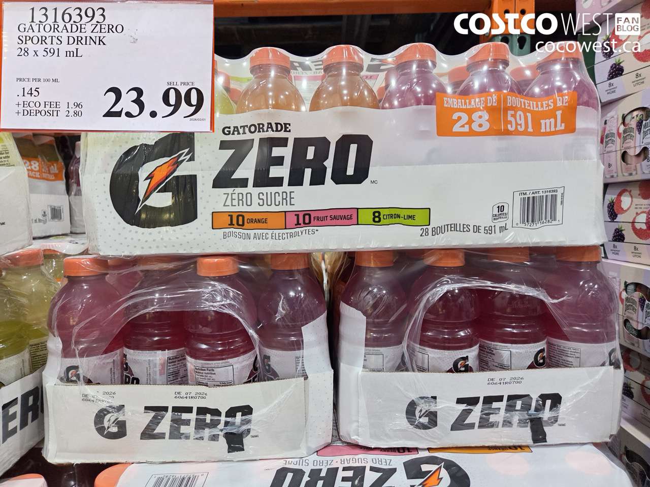 1316393 GATORADE ZERO SPORTS DRINK 28 X 591 ML $23.99