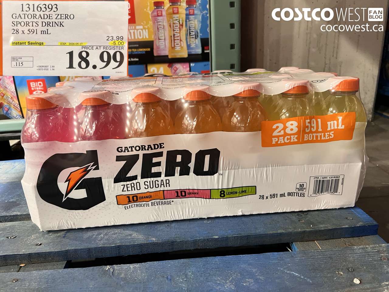 1316393 GATORADE ZERO SPORTS DRINK 28 X 591 ML ($5.00 INSTANT SAVINGS EXPIRES ON 2026-05-17) $18.99