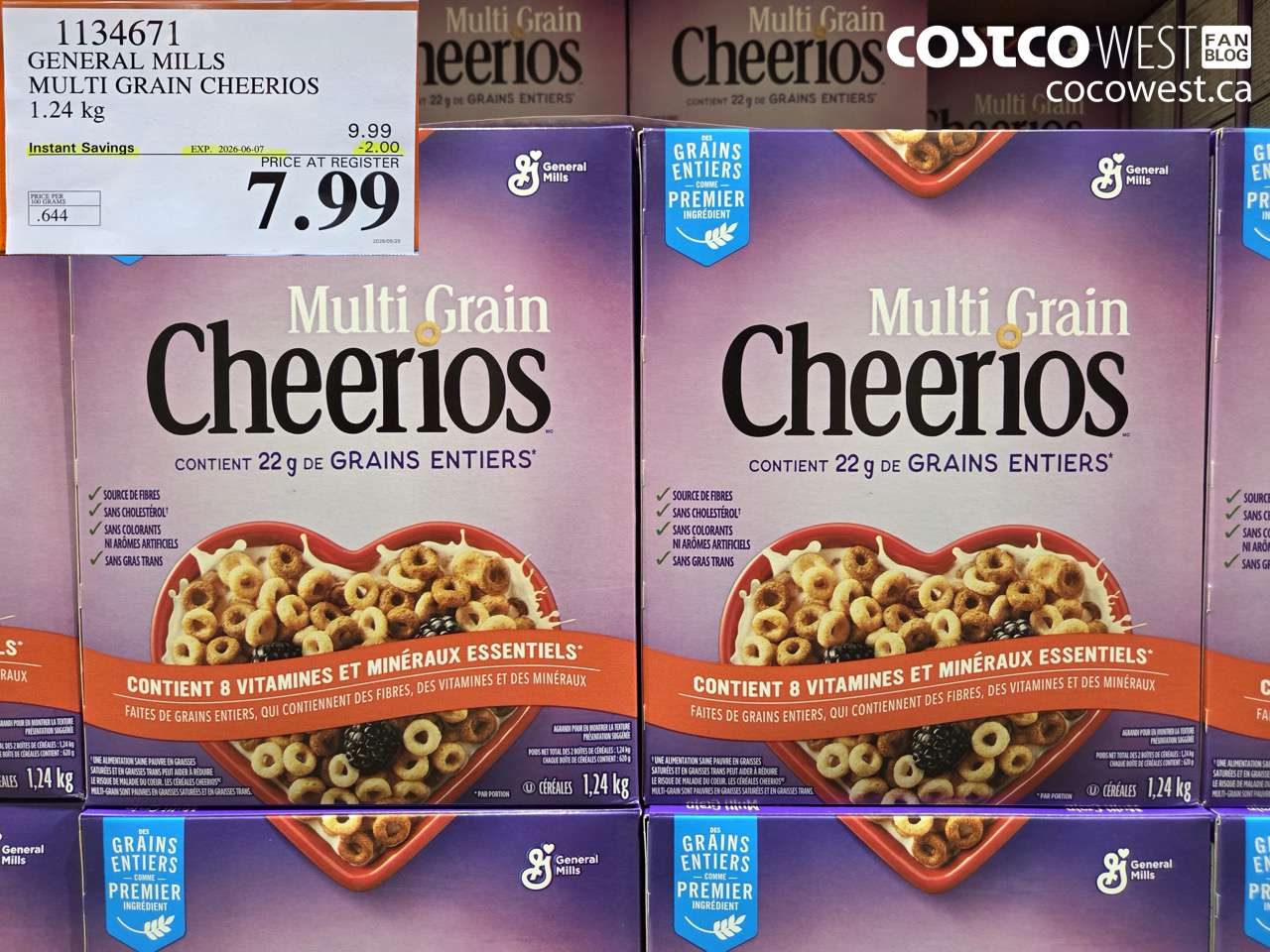 1134671 GENERAL MILLS MULTI GRAIN CHEERIOS 1.24 KG ($2.00 INSTANT SAVINGS EXPIRES ON 2026-06-07) $7.99
