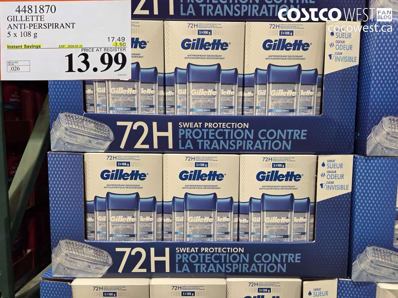 4481870 GILLETTE ANTI-PERSPIRANT 5 X 108 G ($3.50 INSTANT SAVINGS EXPIRES ON 2026-05-10) $13.99