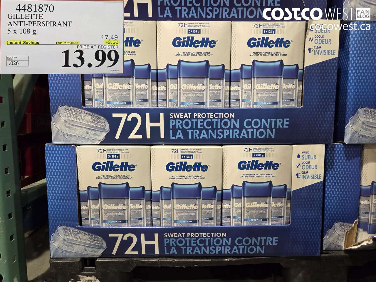 4481870 GILLETTE ANTI-PERSPIRANT 5 X 108 G ($3.50 INSTANT SAVINGS EXPIRES ON 2026-05-10) $13.99