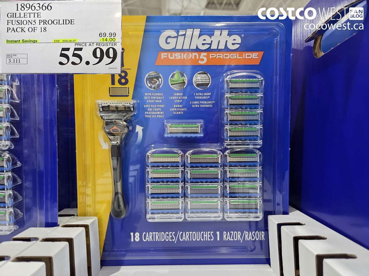 1896366 GILLETTE FUSION5 PROGLIDE PACK OF 18 ($14.00 INSTANT SAVINGS EXPIRES ON 2026-06-07) $55.99