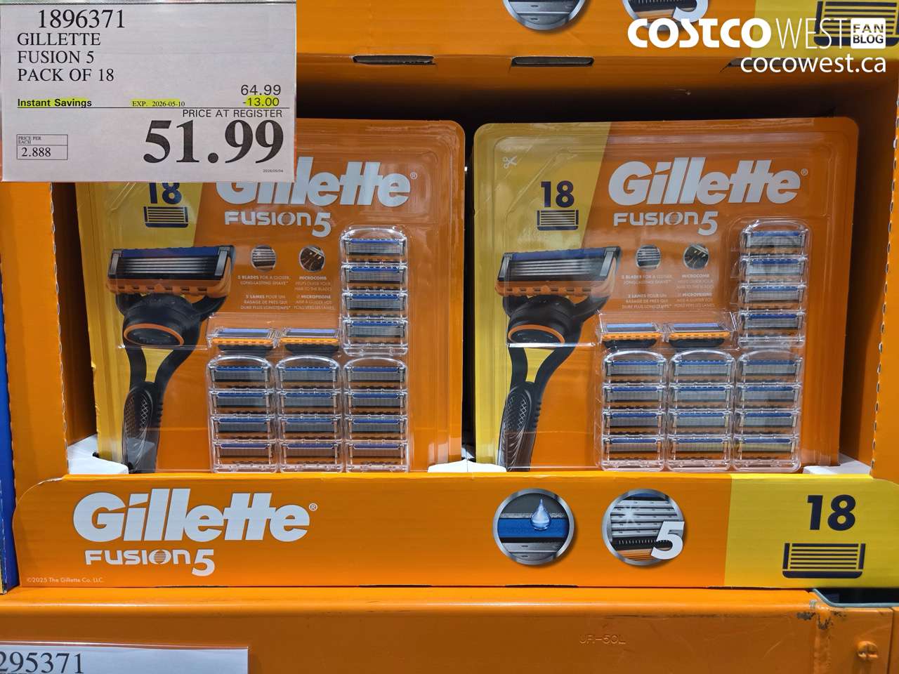 1896371 GILLETTE FUSION 5 PACK OF 18 ($13.00 INSTANT SAVINGS EXPIRES ON 2026-05-10) $51.99
