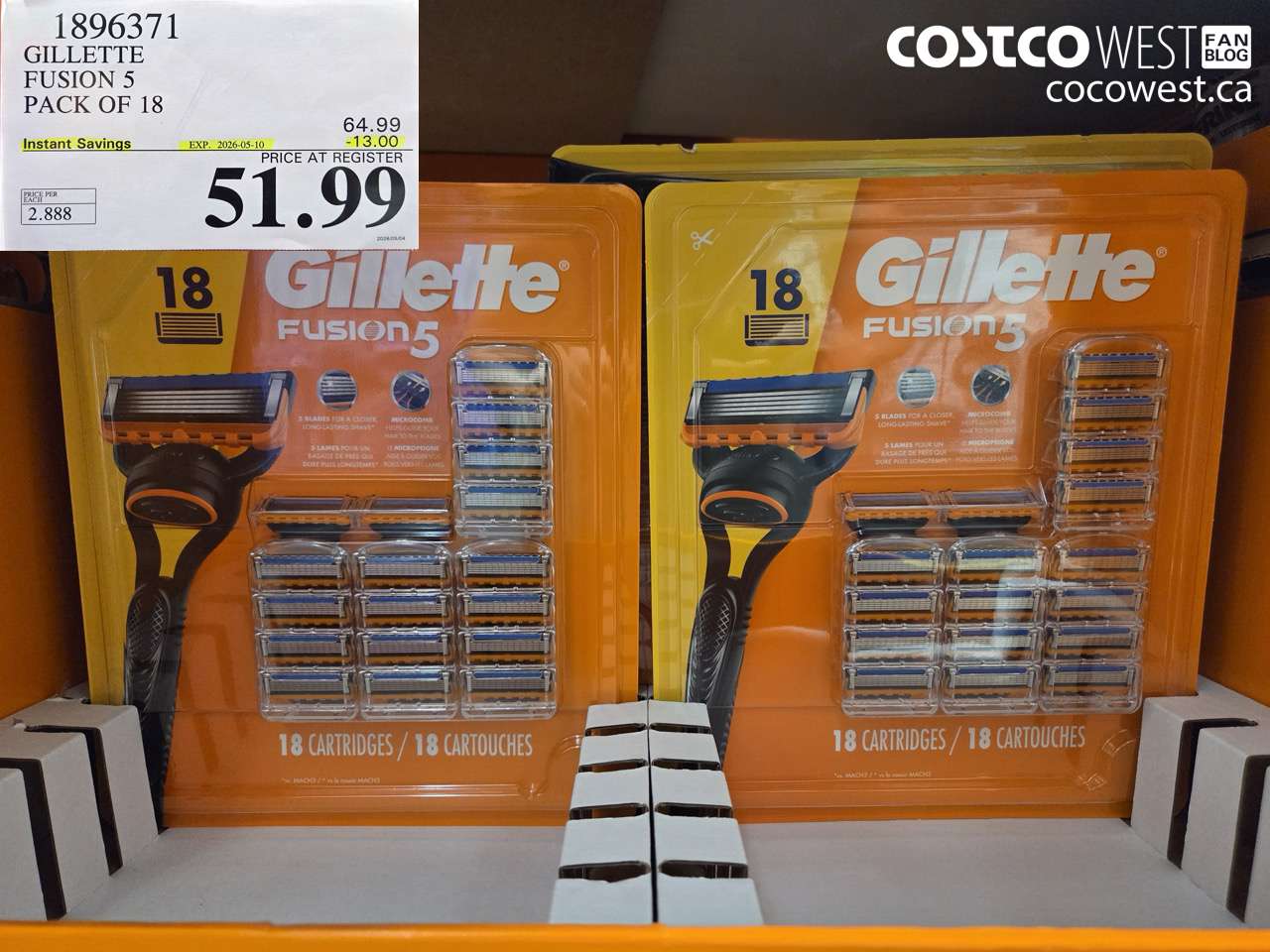 1896371 GILLETTE FUSION 5 PACK OF 18 ($13.00 INSTANT SAVINGS EXPIRES ON 2026-05-10) $51.99