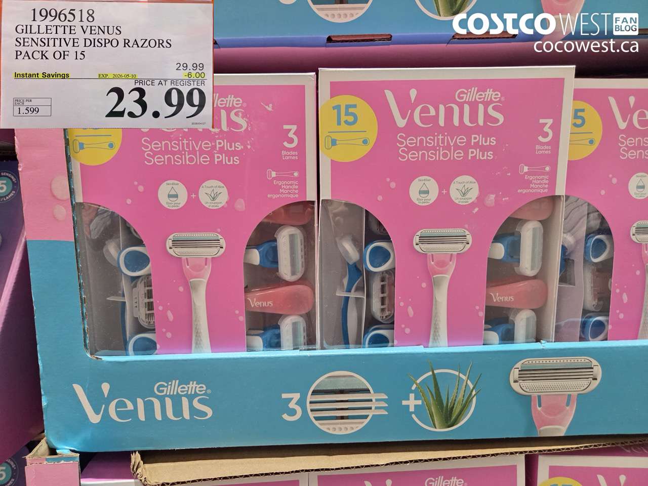 1996518 GILLETTE VENUS SENSITIVE DISPO RAZORS PACK OF 15 ($6.00 INSTANT SAVINGS EXPIRES ON 2026-05-10) $23.99