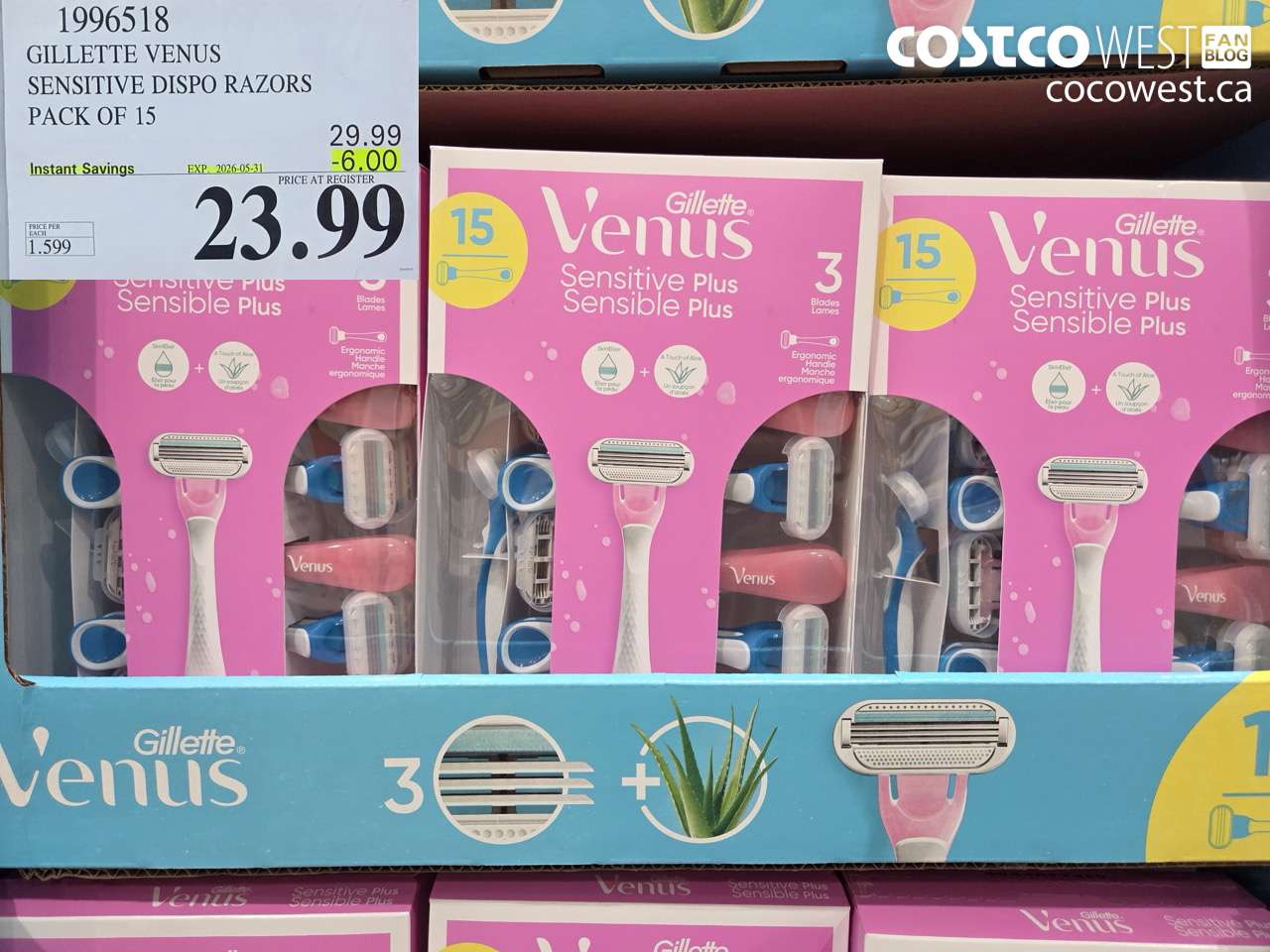 1996518 GILLETTE VENUS SENSITIVE DISPO RAZORS PACK OF 15 ($6.00 INSTANT SAVINGS EXPIRES ON 2026-05-31) $23.99