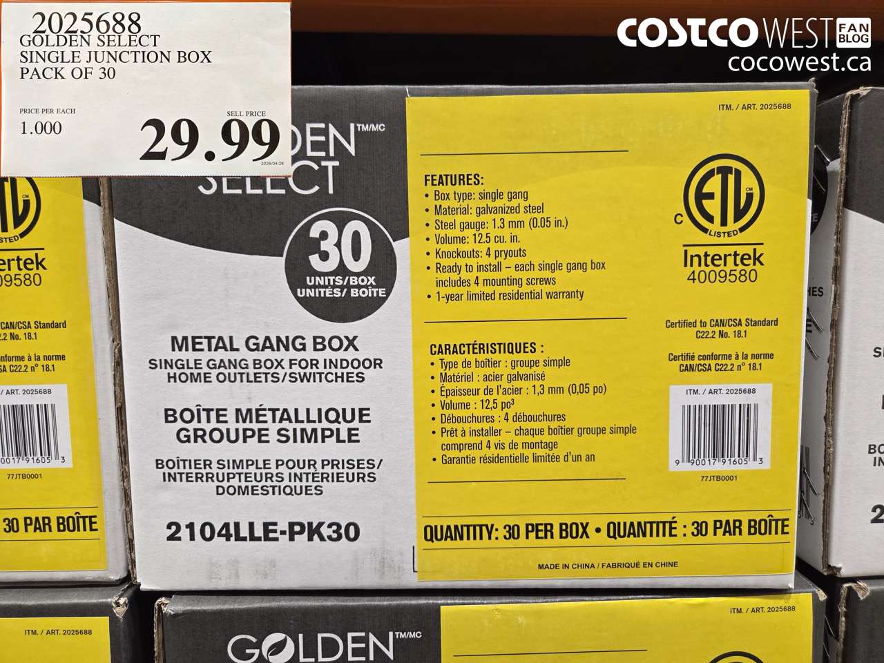 2025688 GOLDEN SELECT SINGLE JUNCTION BOX PACK OF 30 $29.99