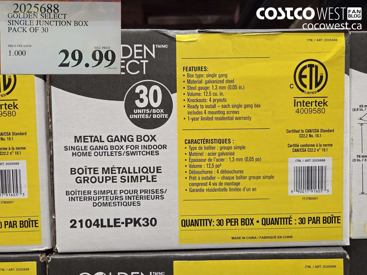 2025688 GOLDEN SELECT SINGLE JUNCTION BOX PACK OF 30 $29.99