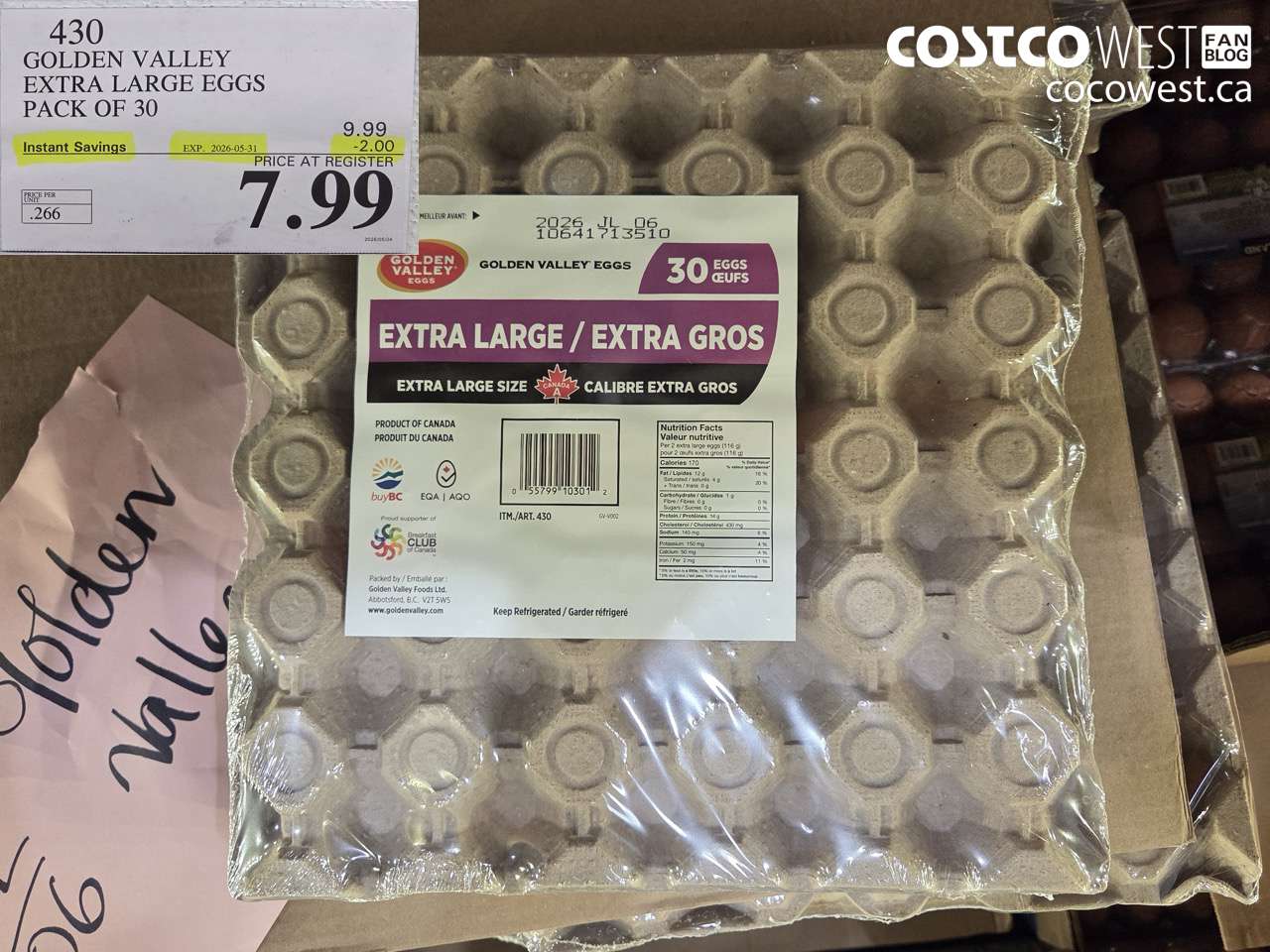 430 GOLDEN VALLEY EXTRA LARGE EGGS PACK OF 30 ($2.00 INSTANT SAVINGS EXPIRES ON 2026-05-31) $7.99
