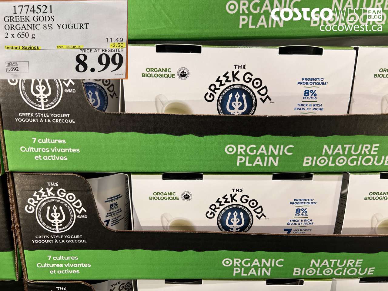 1774521 GREEK GODS ORGANIC 8% YOGURT 2 X 650 G ($2.50 INSTANT SAVINGS EXPIRES ON 2026-05-16) $8.99