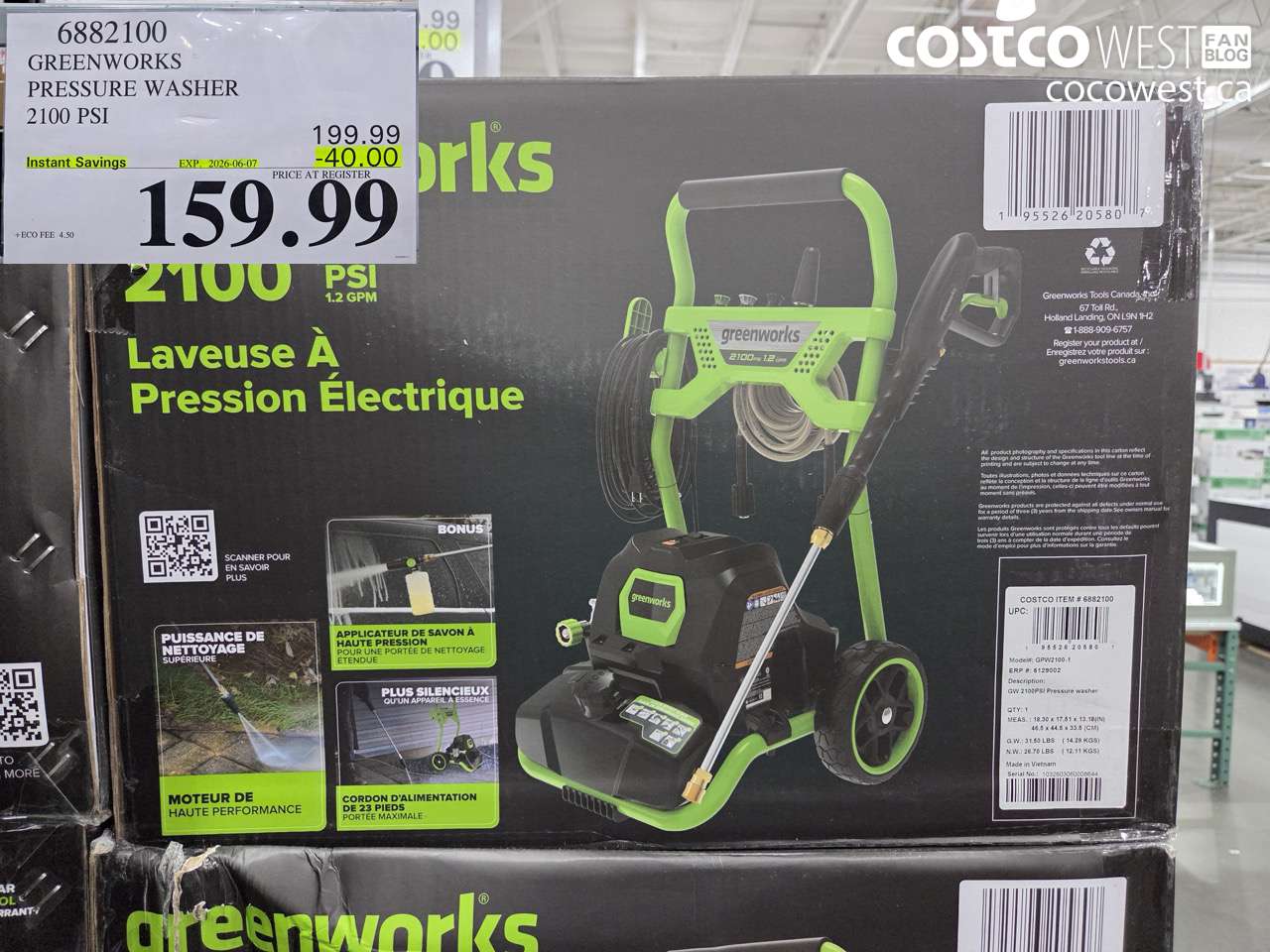 6882100 GREENWORKS PRESSURE WASHER 2100 PSI ($40.00 INSTANT SAVINGS EXPIRES ON 2026-06-07) $159.99
