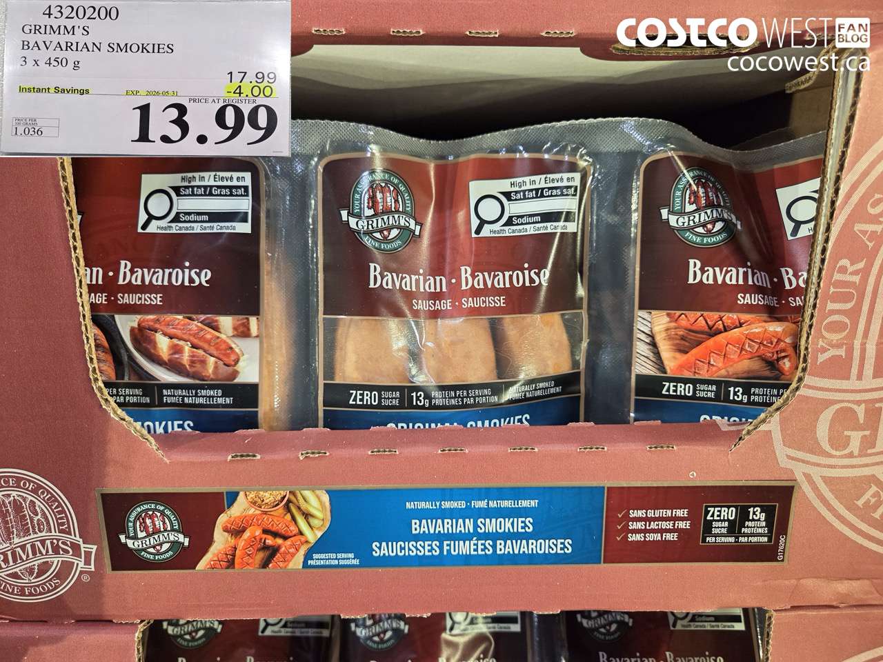 4320200 GRIMM'S BAVARIAN SMOKIES 3 X 450 G ($4.00 INSTANT SAVINGS EXPIRES ON 2026-05-31) $13.99