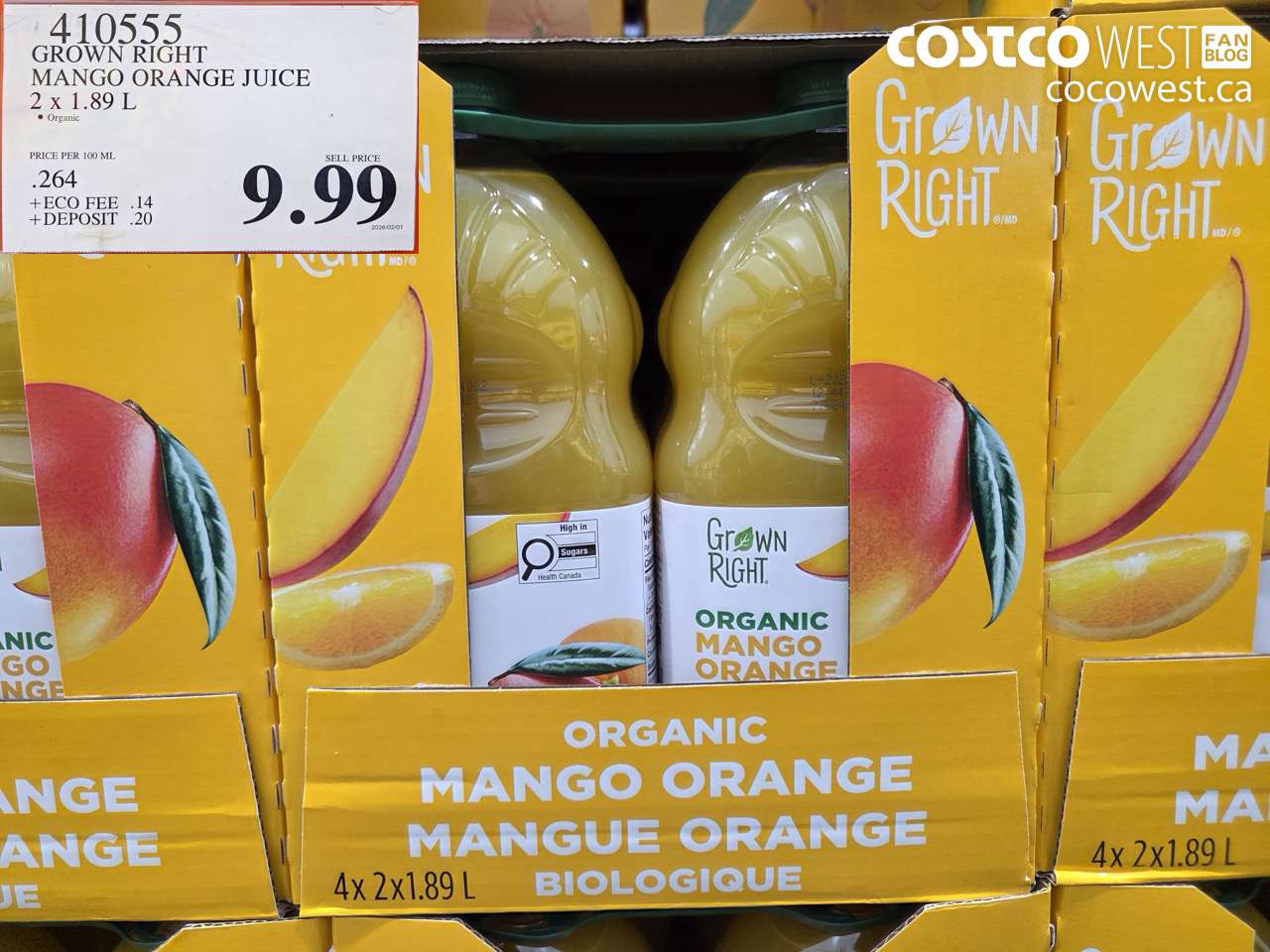 410555 GROWN RIGHT MANGO ORANGE JUICE 2 X 1.89 L $9.99