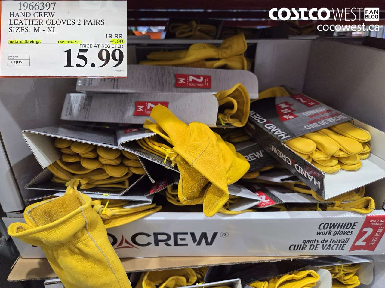 1966397 HAND CREW LEATHER GLOVES 2 PAIRS SIZES: M - XL ($4.00 INSTANT SAVINGS EXPIRES ON 2026-05-31) $15.99