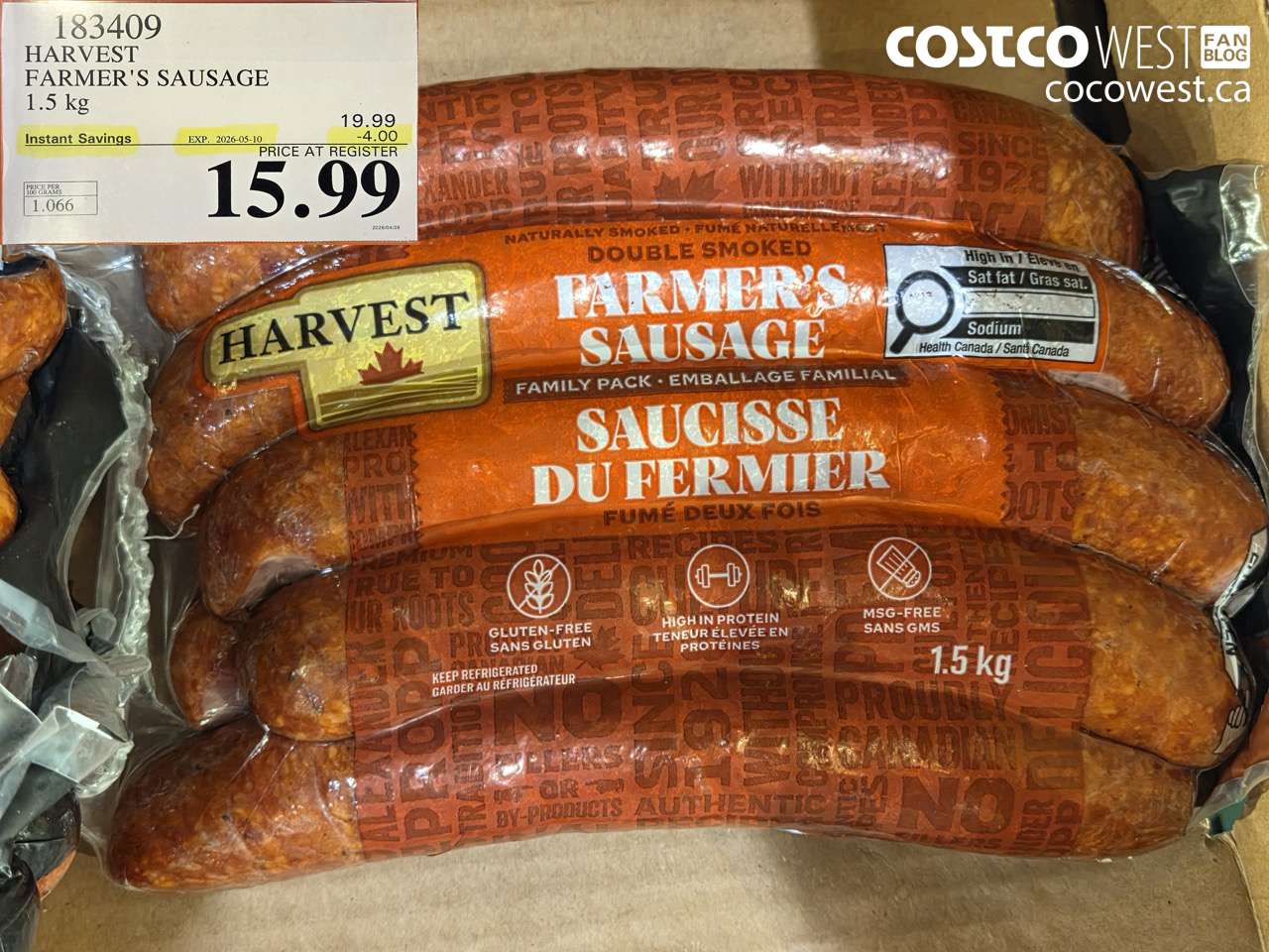 183409 HARVEST FARMER'S SAUSAGE 1.5 KG ($4.00 INSTANT SAVINGS EXPIRES ON 2026-05-10) $15.99