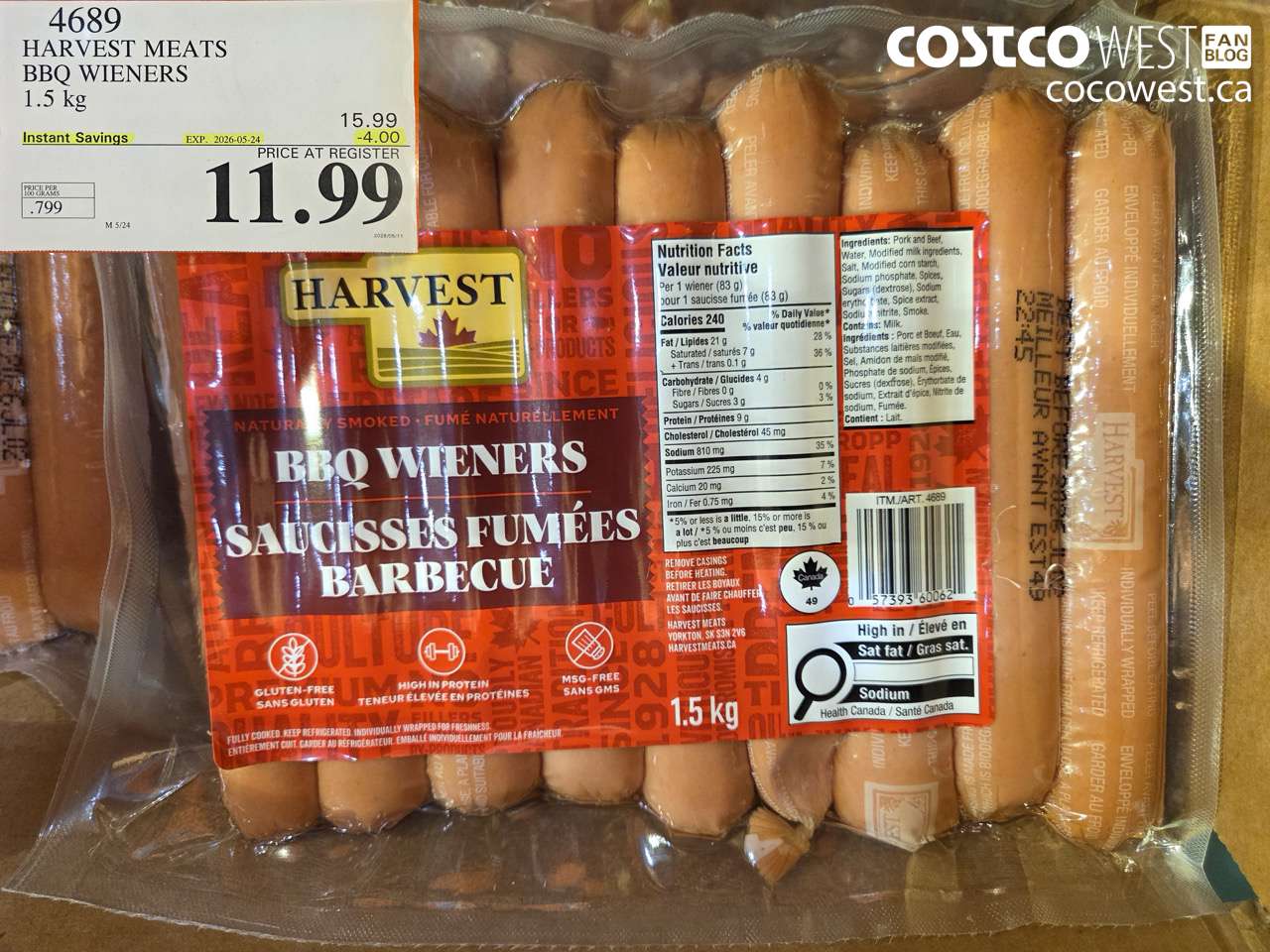 4689 HARVEST MEATS BBQ WIENERS 1.5 KG ($4.00 INSTANT SAVINGS EXPIRES ON 2026-05-24) $11.99