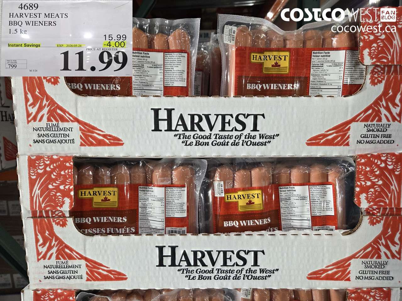 4689 HARVEST MEATS BBQ WIENERS 1.5 KG ($4.00 INSTANT SAVINGS EXPIRES ON 2026-05-24) $11.99