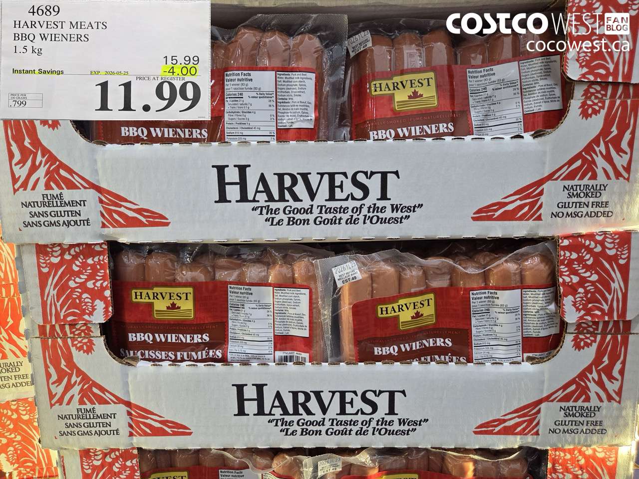 4689 HARVEST MEATS BBQ WIENERS 1.5 KG ($4.00 INSTANT SAVINGS EXPIRES ON 2026-05-25) $11.99