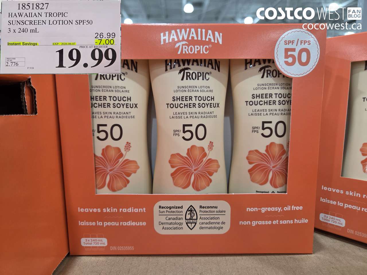 1851827 HAWAIIAN TROPIC SUNSCREEN LOTION SPF50 3 X 240 ML ($7.00 INSTANT SAVINGS EXPIRES ON 2026-06-07) $19.99