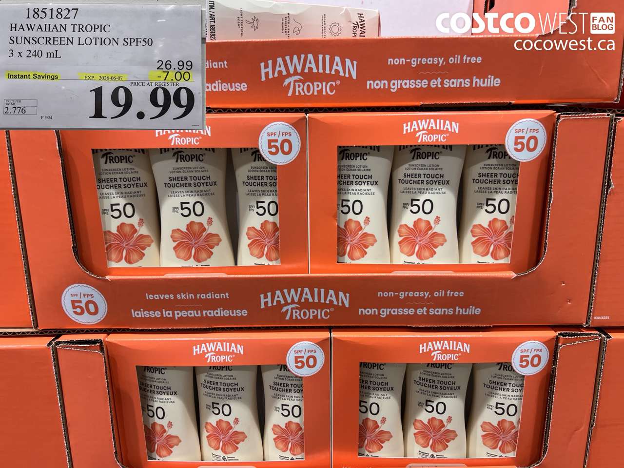 1851827 HAWAIIAN TROPIC SUNSCREEN LOTION SPF50 3 X 240 ML ($7.00 INSTANT SAVINGS EXPIRES ON 2026-06-07) $19.99