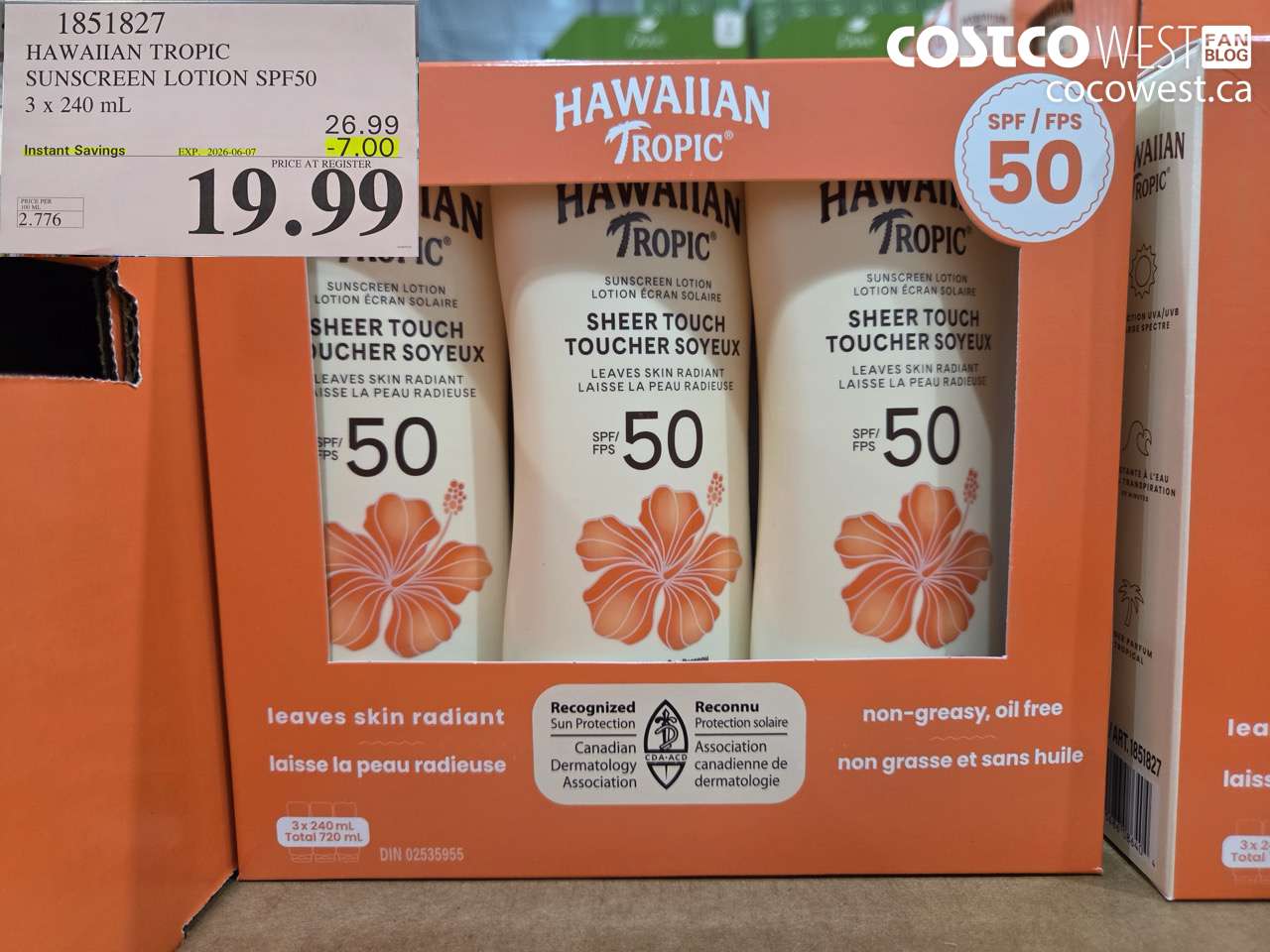 1851827 HAWAIIAN TROPIC SUNSCREEN LOTION SPF50 3 X 240 ML ($7.00 INSTANT SAVINGS EXPIRES ON 2026-06-07) $19.99