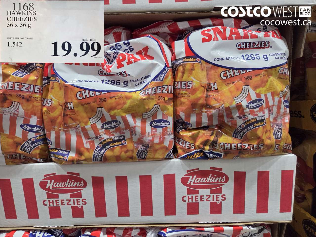 1168 HAWKINS CHEEZIES 36 X 36 G $19.99