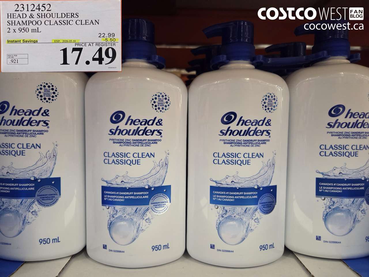 2312452 HEAD & SHOULDERS SHAMPOO CLASSIC CLEAN 2 X 950 ML ($5.50 INSTANT SAVINGS EXPIRES ON 2026-05-10) $17.49