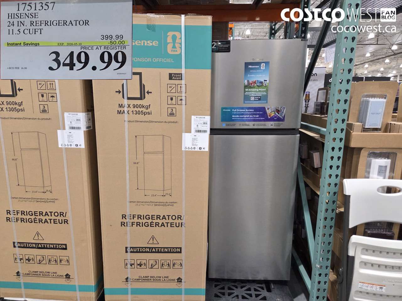 1751357 HISENSE 24 IN. REFRIGERATOR 11.5 CUFT ($50.00 INSTANT SAVINGS EXPIRES ON 2026-05-10) $349.99