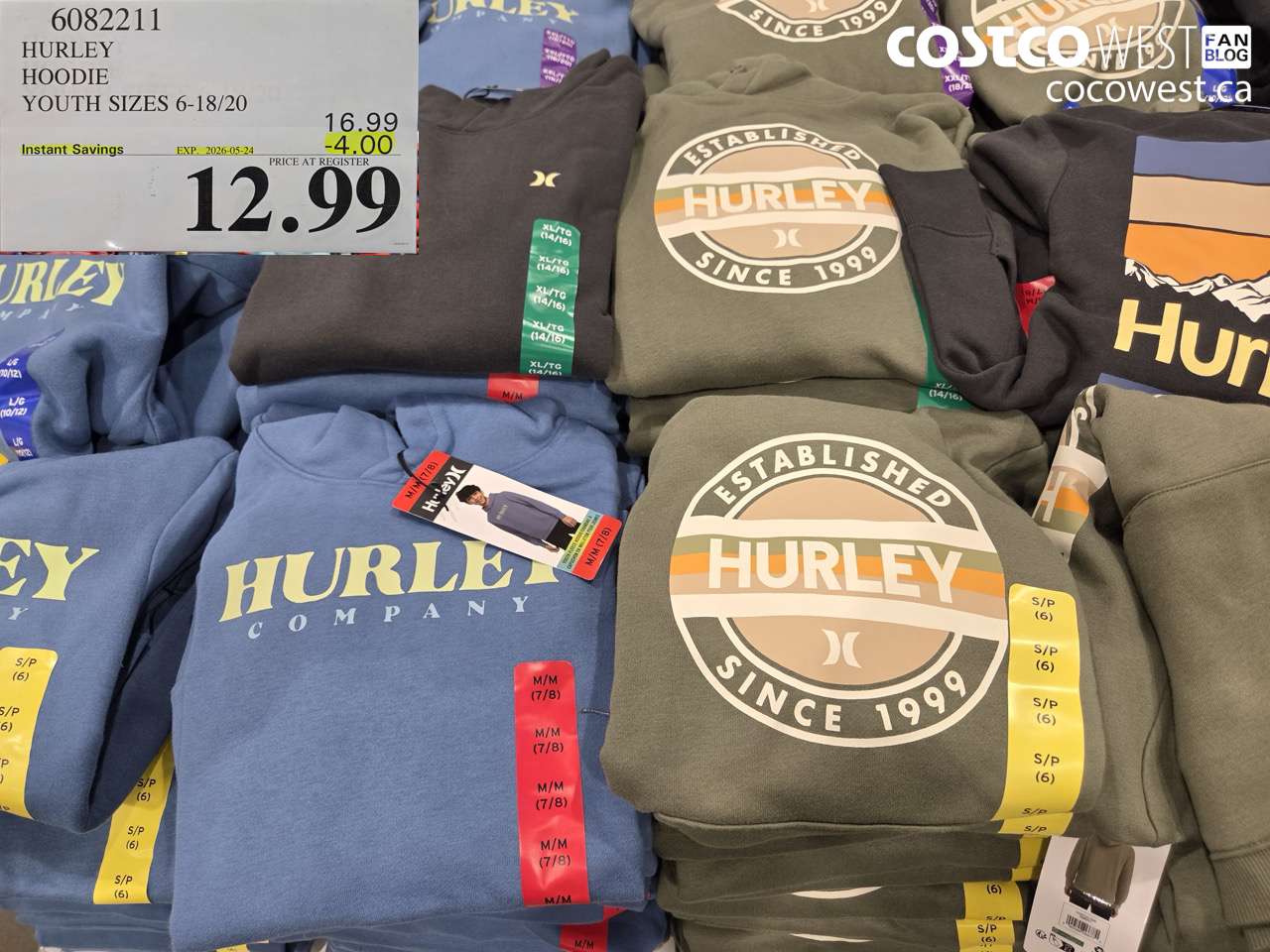 6082211 HURLEY HOODIE YOUTH SIZES 6-18/20 ($4.00 INSTANT SAVINGS EXPIRES ON 2026-05-24) $12.99
