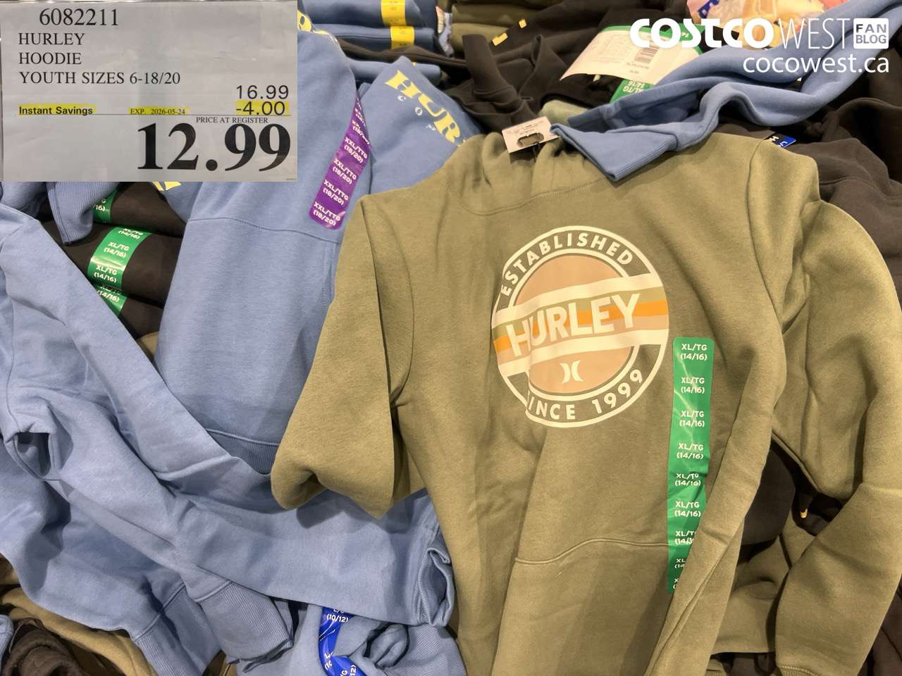 6082211 HURLEY HOODIE YOUTH SIZES 6-18/20 ($4.00 INSTANT SAVINGS EXPIRES ON 2026-05-24) $12.99