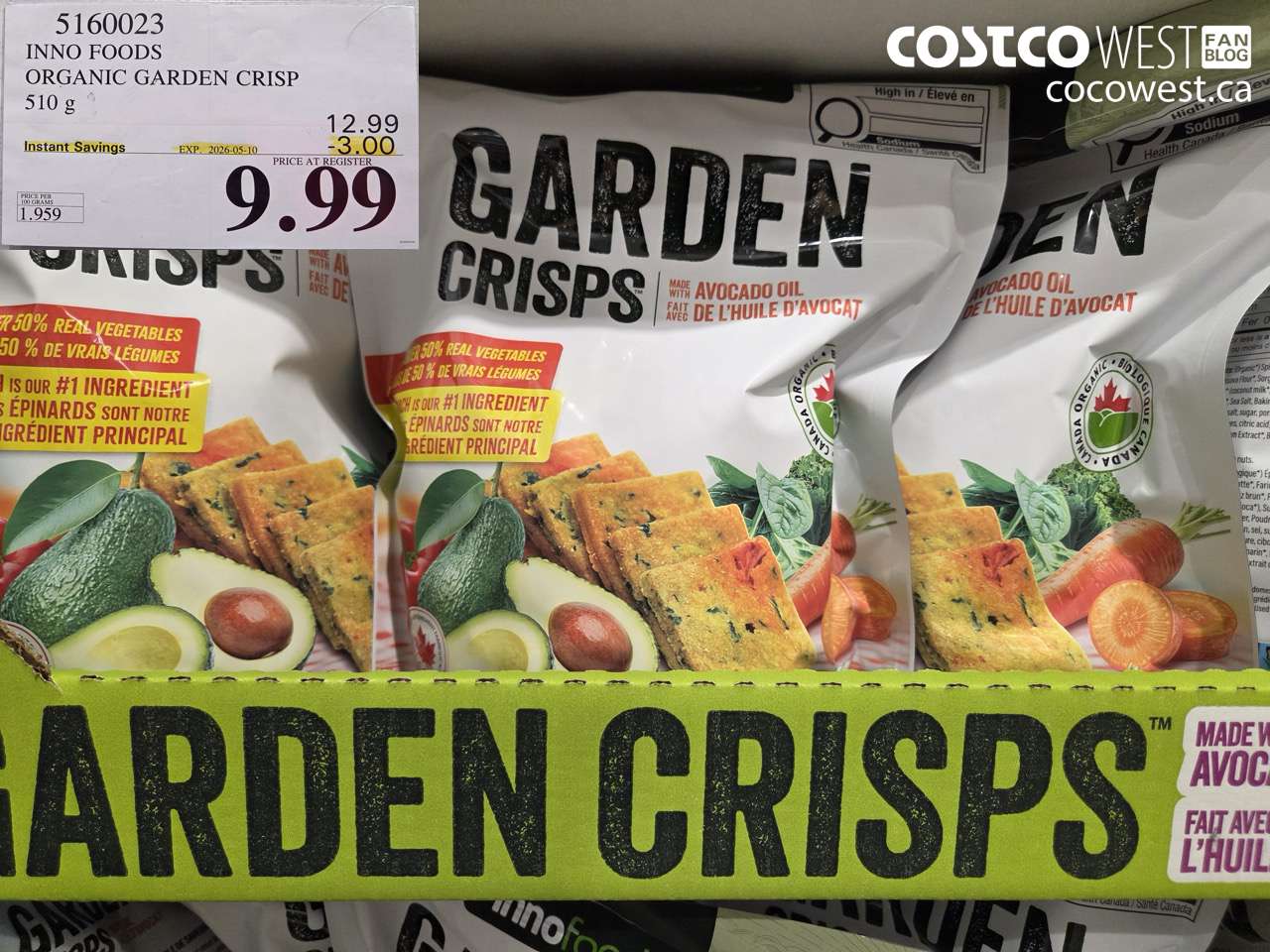 5160023 INNO FOODS ORGANIC GARDEN CRISP 510 G ($3.00 INSTANT SAVINGS EXPIRES ON 2026-05-10) $9.99
