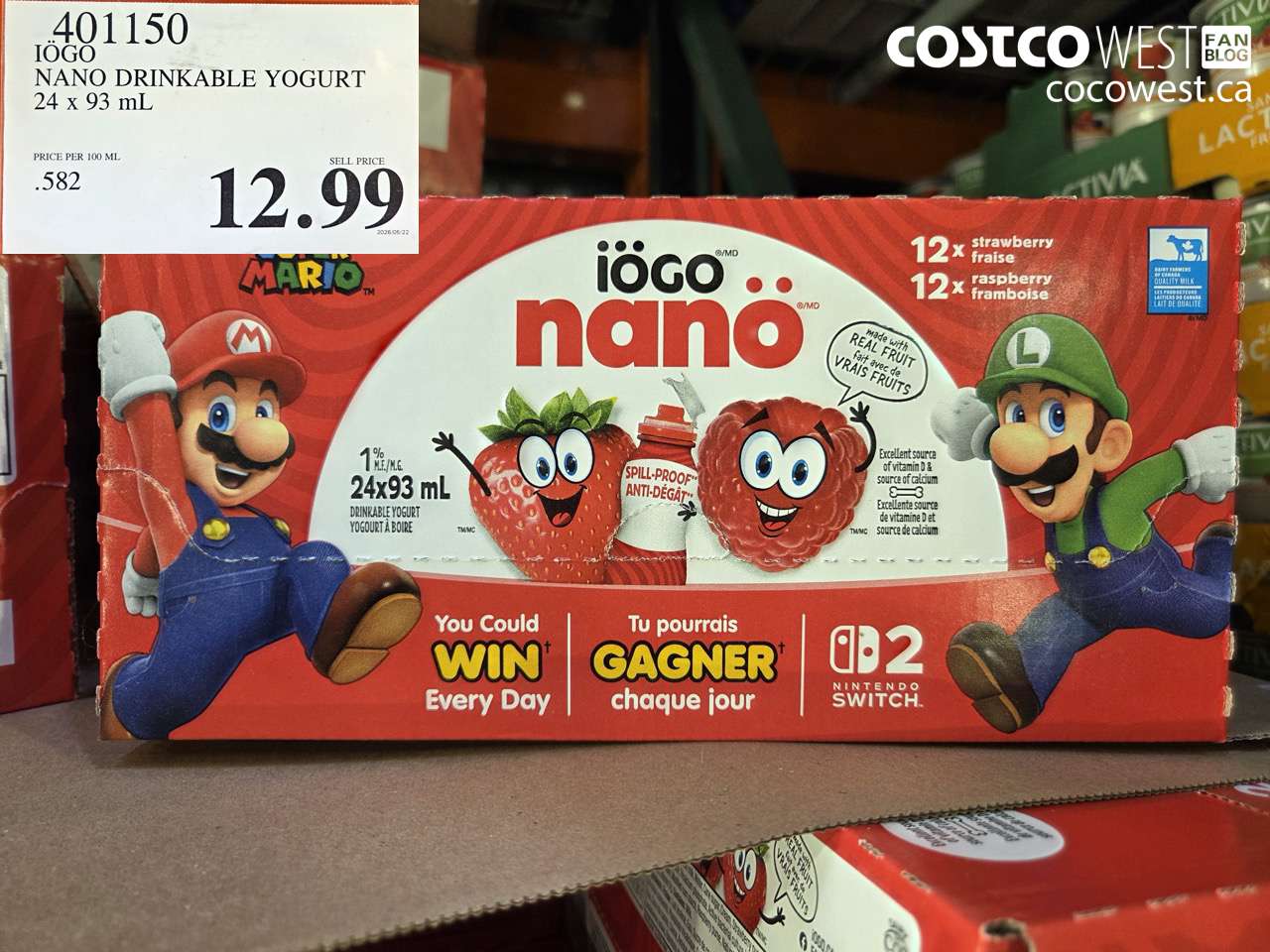 401150 IOGO NANO DRINKABLE YOGURT 24 X 93 ML $12.99