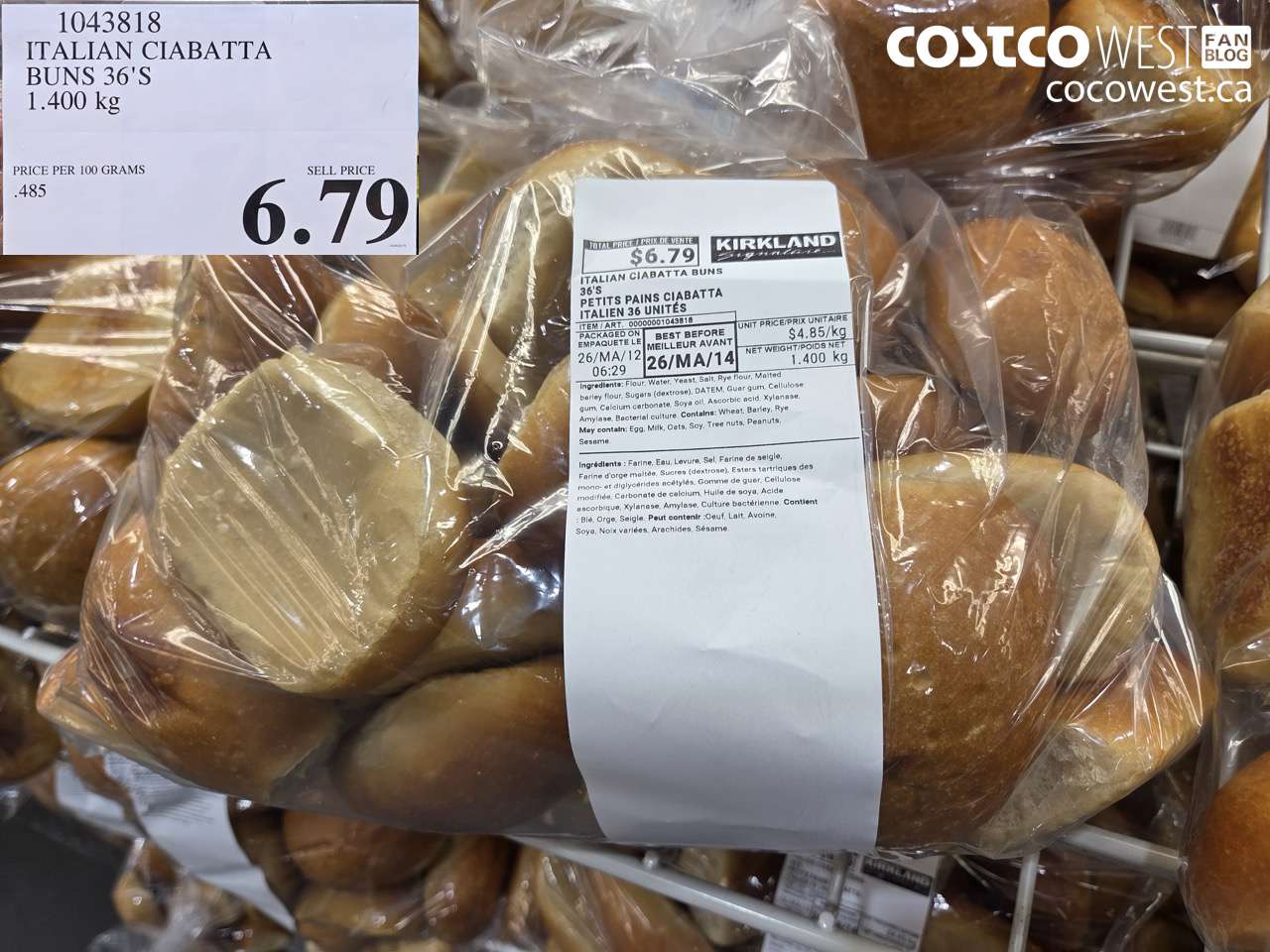 1043818 ITALIAN CIABATTA BUNS 36'S 1.400 KG $6.79