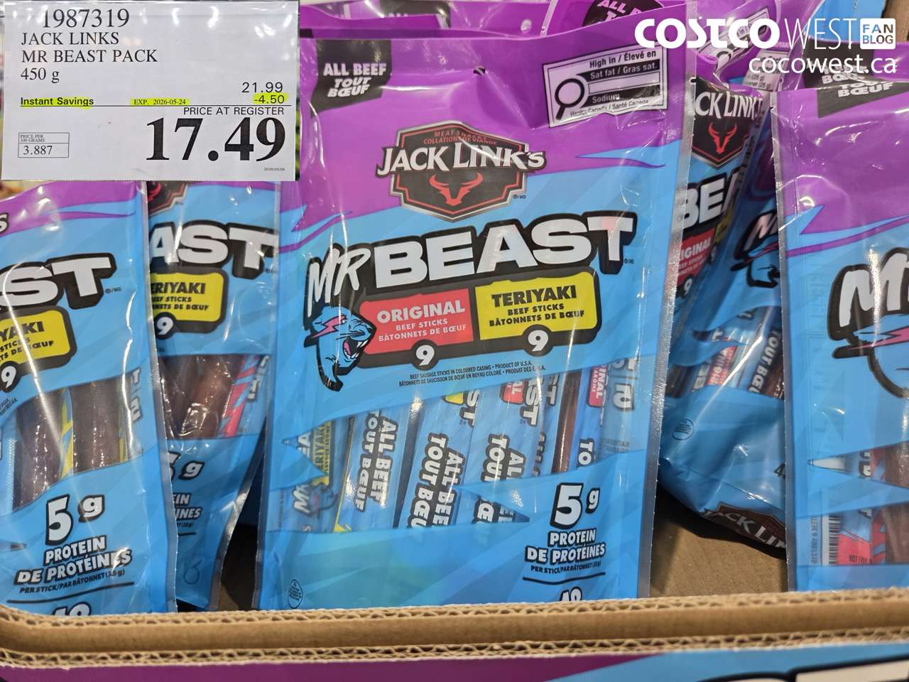 1987319 JACK LINKS MR BEAST PACK 450 G ($4.50 INSTANT SAVINGS EXPIRES ON 2026-05-24) $17.49